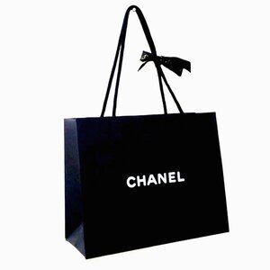 Authentic CHANEL Black Paper Shopping Bag – Black & Gold Ribbon 11.75x9.5x5-inch